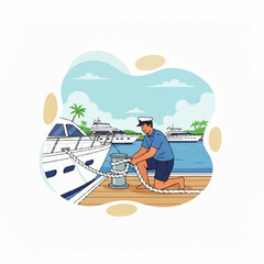 Man securing boat to dock with rope in tropical marina.