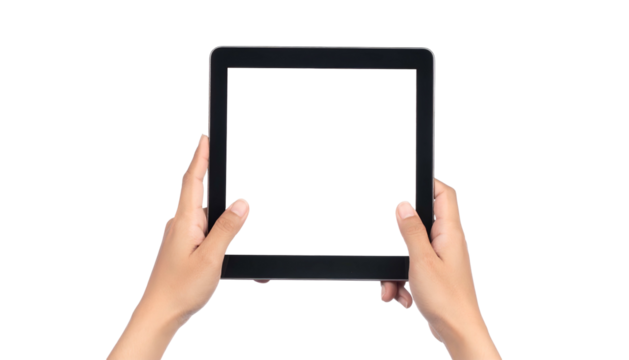 A person's hands holding a black tablet with a blank screen, against a black background