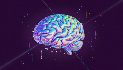 A futuristic low poly 3D model of a brain with a vibrant iridescent surface, connected to a digital data network.