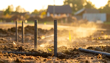 Close-up of rebar emerging from dirt at a construction site, hazy