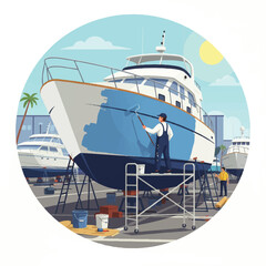 Boat painting: man on scaffolding applies blue paint to hull.
