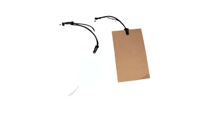 Two rectangular tags, one white, one brown, hanging by black strings, against a black background
