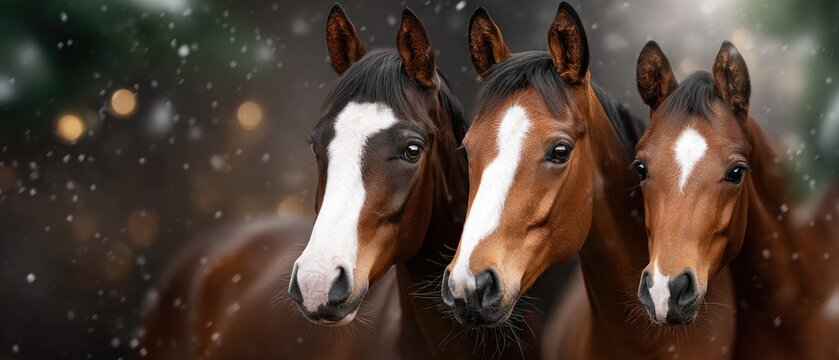 Three beautiful horses standing together in a snow-covered field during a quiet winter day in the countryside