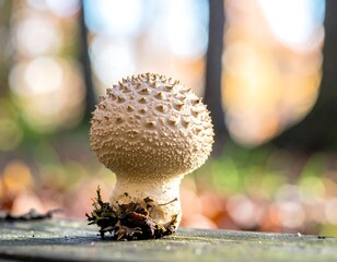 A spiky, beige mushroom grows atop a wooden surface, with out-of-focus fall foliage in the background