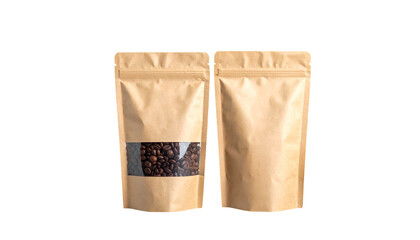 Two brown kraft paper bags, one with coffee beans visible through a clear window