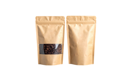 Two brown kraft paper bags, one with coffee beans visible through a clear window
