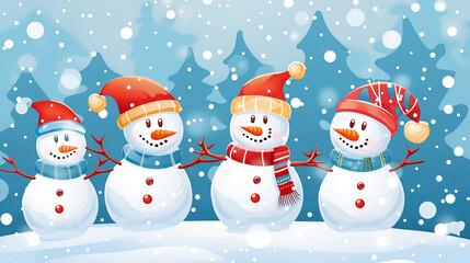 Four cheerful snowmen in bright winter hats and scarves smile among the snowflakes, creating an atmosphere of New Year