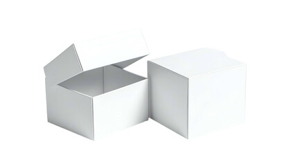 Two white cardboard boxes; one open, revealing the interior; the other closed. Black background