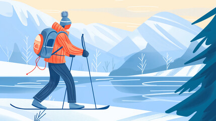 A skier with a backpack and poles moves along the snow-covered shore of the lake, enjoying the view of the majestic mountains