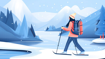 A man in a bright jacket and with a backpack slowly glides on skis along a lake
