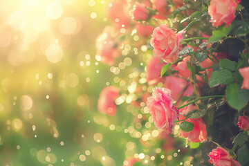 Rose flowers in the garden shine under the soft sunlight