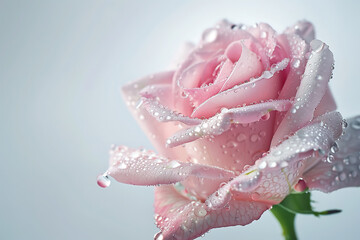 A rose with soft petals, covered with dew, reveals its beauty in every curve.