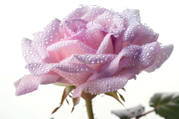 A rose flower covered with sparkling drops of water looks fresh and delicate
