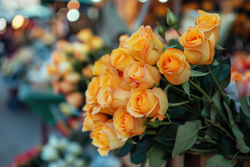 A bouquet of fresh yellow roses with large buds stands out beautifully against the background of the market.