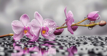 The delicate pink orchid flower lies on a smooth surface with drops of water