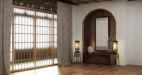 Muji room interior with shelf wall japanese style design.3d rendering