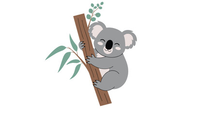 Fototapeta premium A cute grey koala clings to a eucalyptus tree branch with green leaves in this simple illustration.