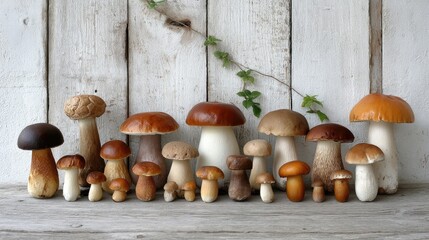 Mushroom collection displayed on wooden surface, showcasing various types and sizes with natural background elements