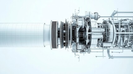 Crosssectional technical drawing of a thermal power plant s steam turbine, showing rotor blades, casings, and exhaust outlets
