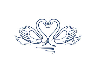 Continuous Line Art Swans Heart Vector Illustration Romantic Wedding Design



