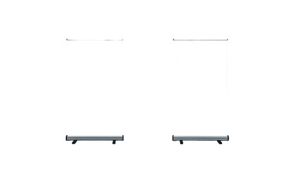 Two rectangular, vertical, white displays with dark bases against a stark black background