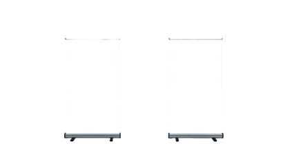 Two rectangular, vertical, white displays with dark bases against a stark black background