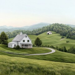 White Farmhouse on Rolling Green Hills Under a Hazy Sky