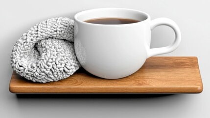 White Coffee Mug and Rolled Towel on Wooden Tray
