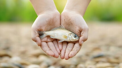Child hands holding small dead fish on sandy shore with blurred green background, sorrowful scene