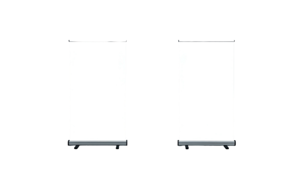 Two rectangular, vertical, white displays with dark bases against a stark black background