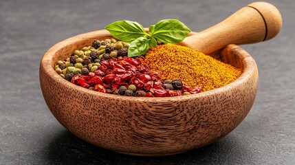 Assorted Spices in Wooden Bowl on Dark Background