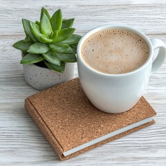 White Coffee Mug Succulent Plant Cork Notebook on White Wooden Table