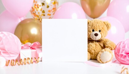 Blank White Card Mockup Surrounded by Pink and Gold Party Decorations