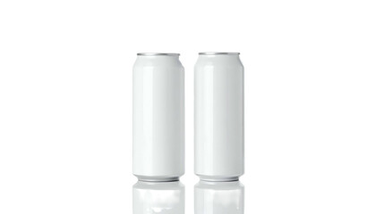 Two tall, white aluminum beverage cans with reflective surfaces against a black backdrop