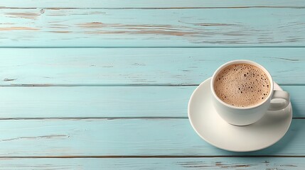 White Coffee Cup on Rustic Light Blue Wooden Table