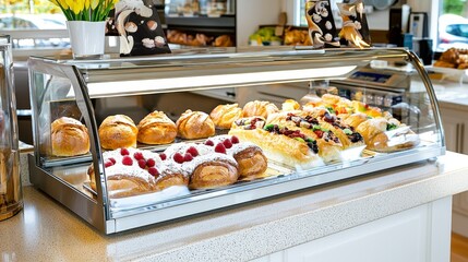Assorted Pastries in Glass Display Case in Bakery