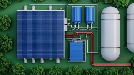 Crosssectional schematic of a solar power plant s inverter station, highlighting electrical connections and cooling systems