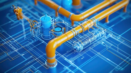 Crosssectional blueprint of a thermal power plant, emphasizing boilers, steam piping, and condenser systems
