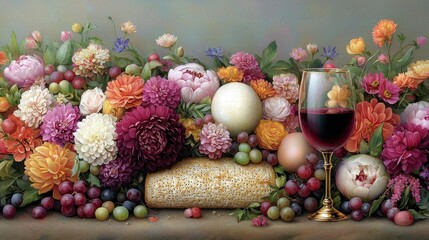 Vibrant Still Life Painting with Dahlias, Grapes, and Red Wine