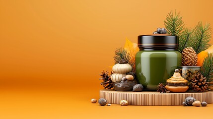 Autumnal Still Life Green Jar with Pine Cones and Fall Leaves on Orange Background