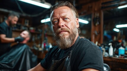 A determined barber poses with an intense gaze in his shop, embodying the professionalism and artistry required in the grooming industry and showcasing skill and passion.