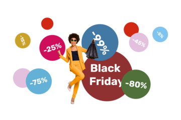 Composite photo collage of happy american girl hold packages sale offer bargain purchase black friday isolated on painted background