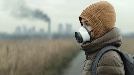 Fototapeta premium Young person wearing protective mask and warm coat walking near polluted industrial skyline, bleak atmosphere and concern visible