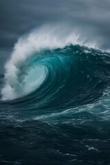 "Roaring Ocean Wave Under Stormy Sky"