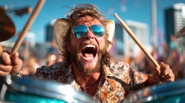 An energetic drummer passionately performs at a vibrant outdoor festival, wearing sunglasses and a cowboy hat, capturing the excitement of live music and the joyful atmosphere.