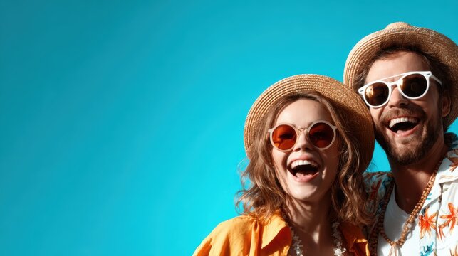 Joyful couple laughing together in colorful summer outfits and sunglasses against a bright blue background, radiating happiness and affection in a playful and carefree setting.