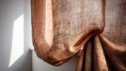 Natural light streaming through sheer brown linen curtains in a modern interior setting