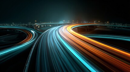 Dynamic highway interchange with vibrant light trails, symbolizing speed, technology, and urban connectivity at night