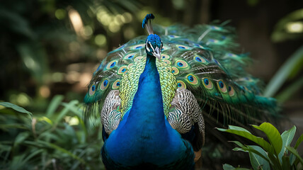 Naklejka premium Regal Blue Peacock Facing Camera with Fan of Green Feathers