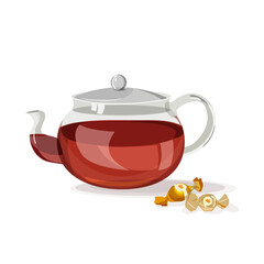 A glass teapot with tea and sweets. Flat vector illustration on a white background. Design for a menu, poster or flyer